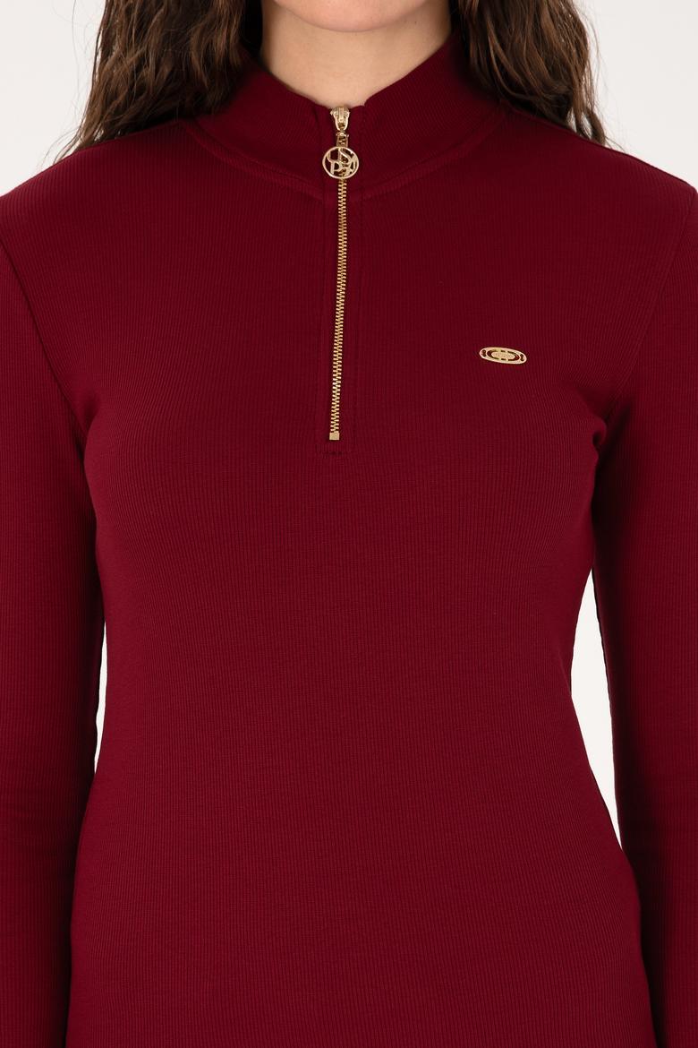 Kadın Bordo Fermuarlı Dik Yaka Sweatshirt - 50313564029