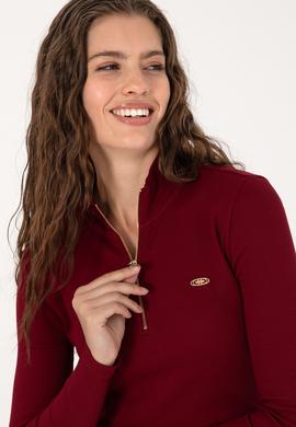 Kadın Bordo Fermuarlı Dik Yaka Sweatshirt - 50313564029
