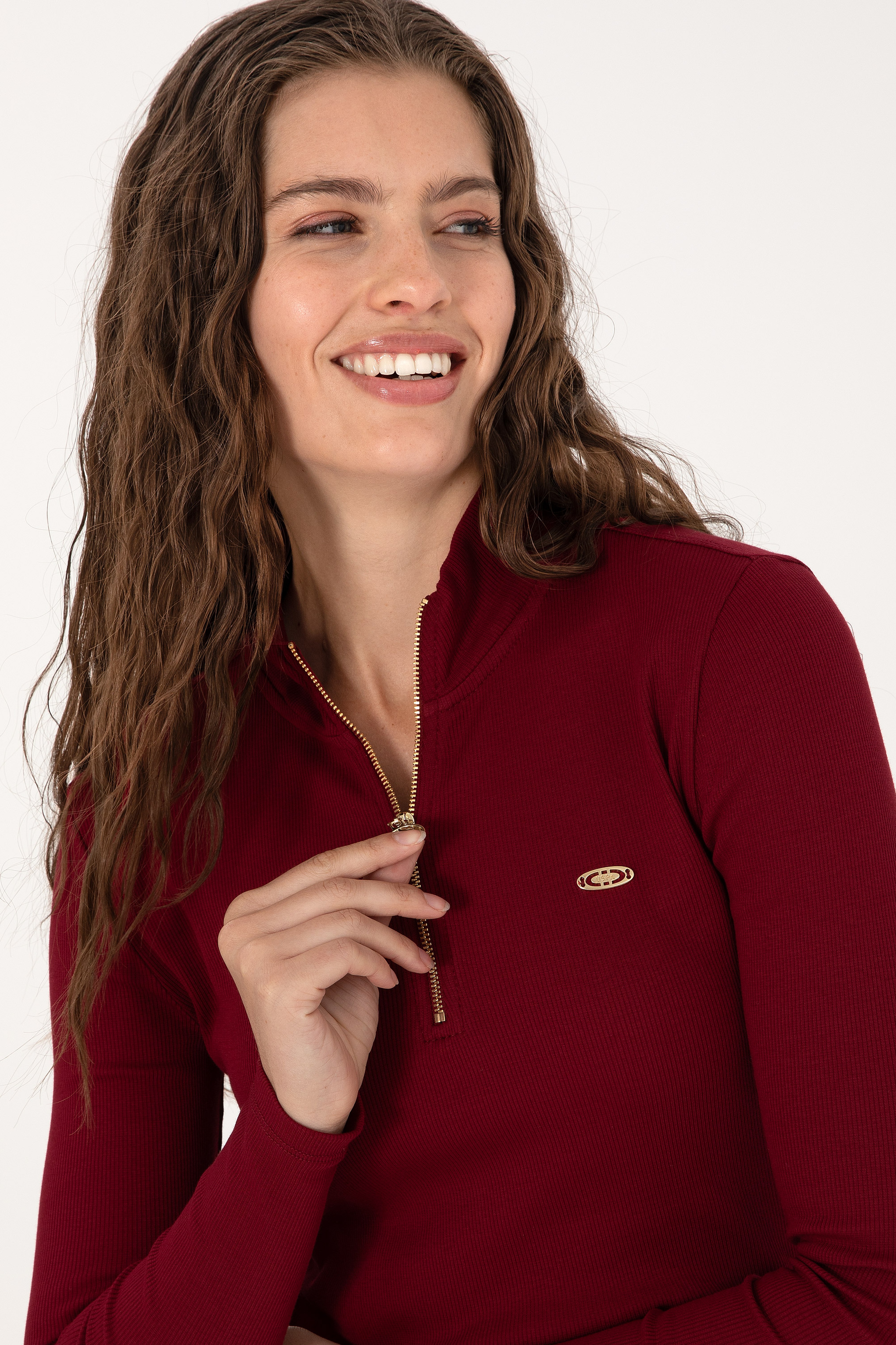 Kadın Bordo Fermuarlı Dik Yaka Sweatshirt - Image 2