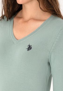 Kadın Yeşil Melanj V Yaka Basic Kazak - 50313590039