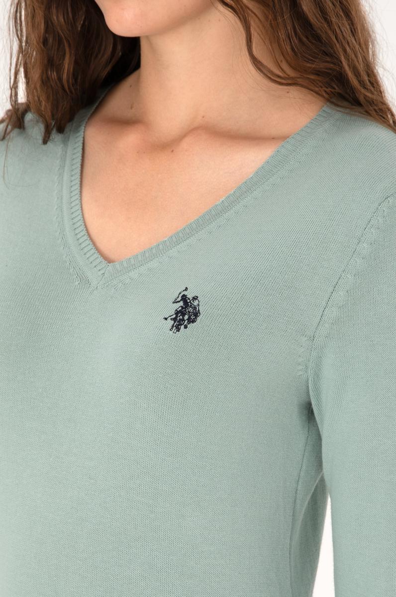 Kadın Yeşil Melanj V Yaka Basic Kazak