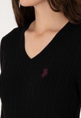 Kadın Siyah V Yaka Basic Kazak - 50313625022