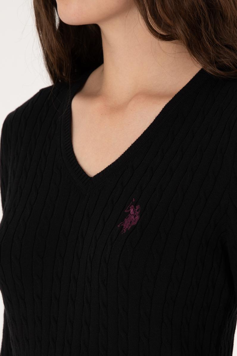 Kadın Siyah V Yaka Basic Kazak