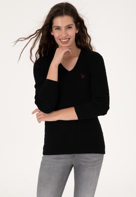 Kadın Siyah V Yaka Basic Kazak - 50313625022