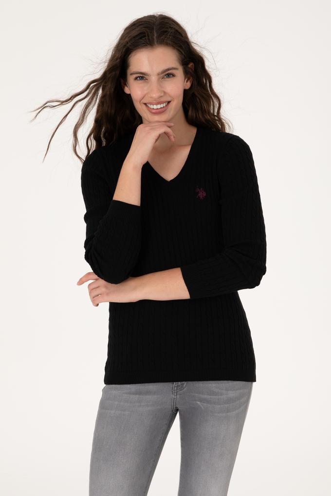 Kadın Siyah V Yaka Basic Kazak