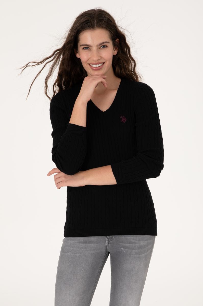 Kadın Siyah V Yaka Basic Kazak