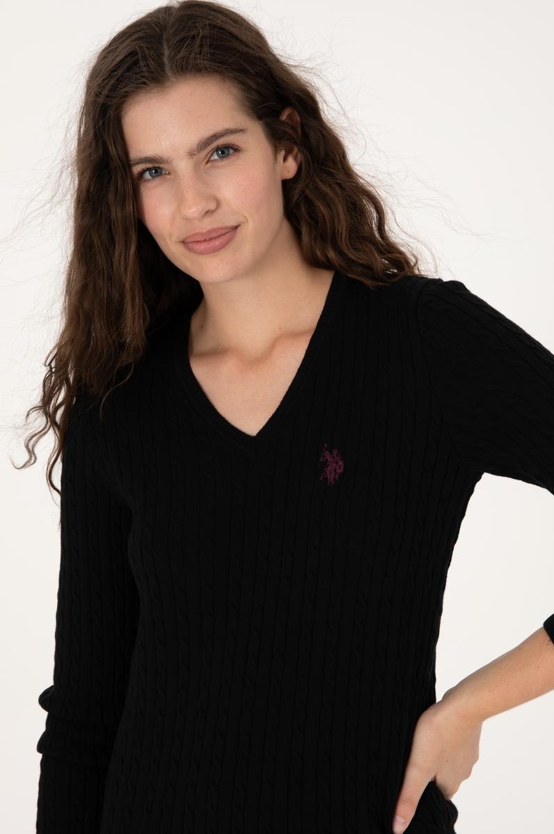 Kadın Siyah V Yaka Basic Kazak