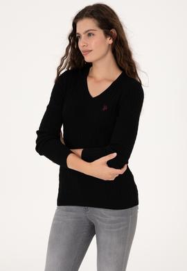 Kadın Siyah V Yaka Basic Kazak - 50313625022