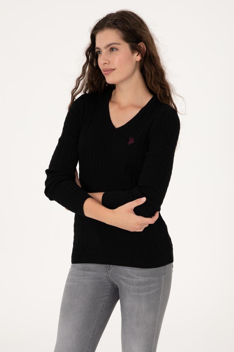 Kadın Siyah V Yaka Basic Kazak - 50313625022