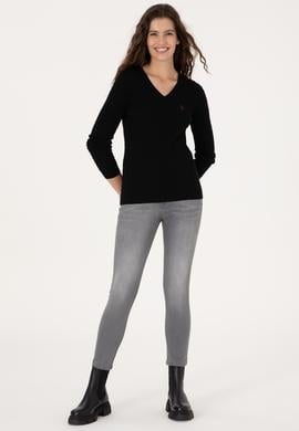 Kadın Siyah V Yaka Basic Kazak - 50313625022