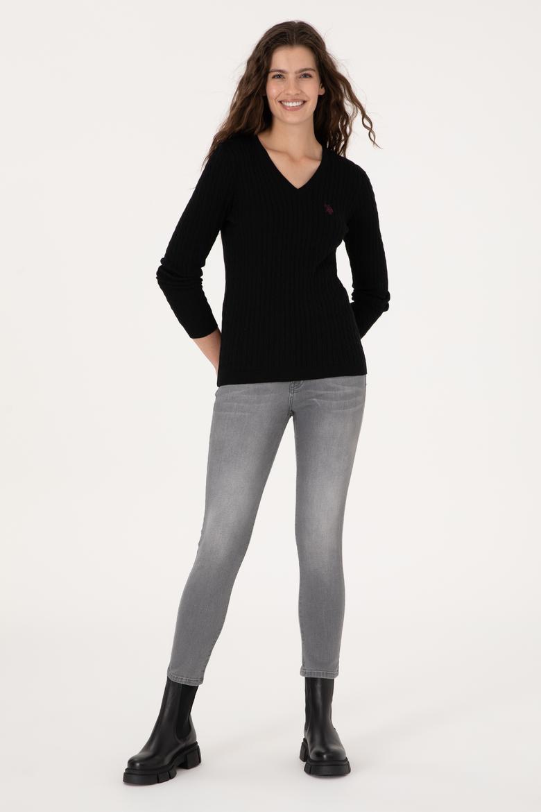 Kadın Siyah V Yaka Basic Kazak - 50313625022