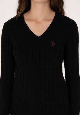 Kadın Siyah V Yaka Basic Kazak - 50313625022