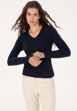 Kadın Lacivert V Yaka Basic Kazak - 50313625004