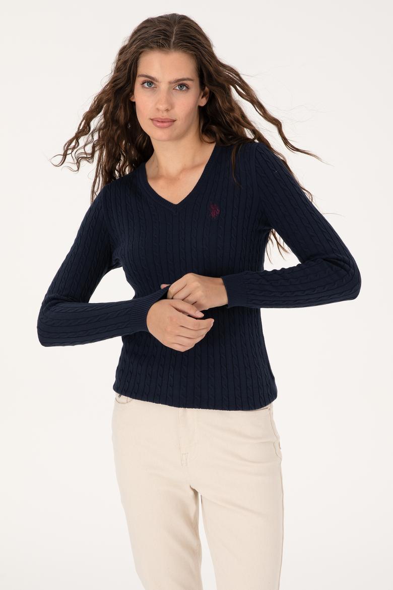 Kadın Lacivert V Yaka Basic Kazak - 50313625004