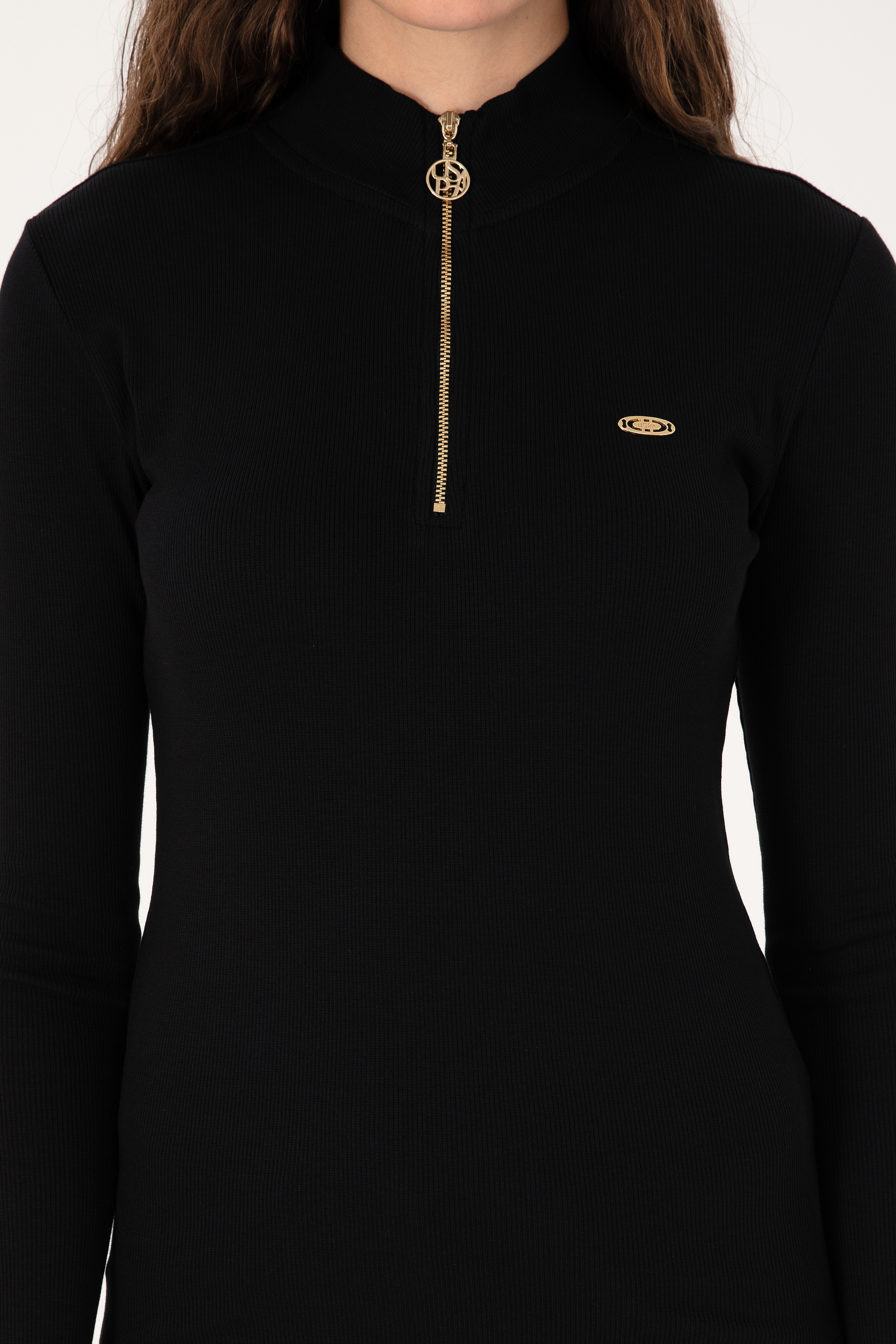 Kadın Siyah Fermuarlı Dik Yaka Sweatshirt - Image 6