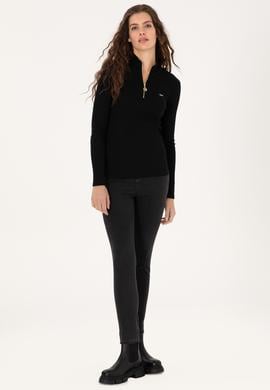 Kadın Siyah Fermuarlı Dik Yaka Sweatshirt - 50313564013