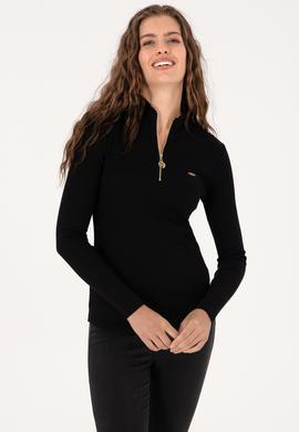 Kadın Siyah Fermuarlı Dik Yaka Sweatshirt - 50313564013