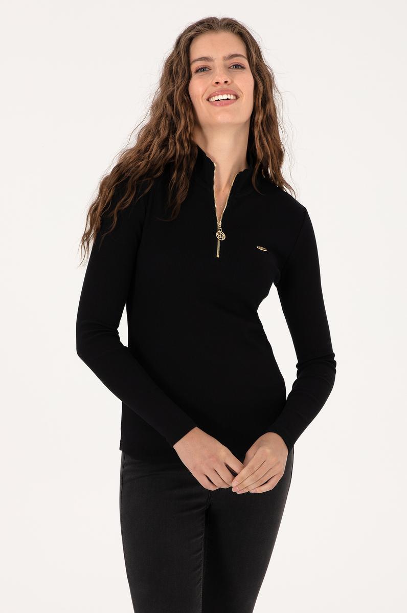 Kadın Siyah Fermuarlı Dik Yaka Sweatshirt