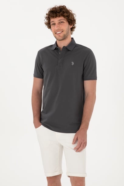 Erkek Slim Fit Polo Yaka Antrasit Basic Tişört