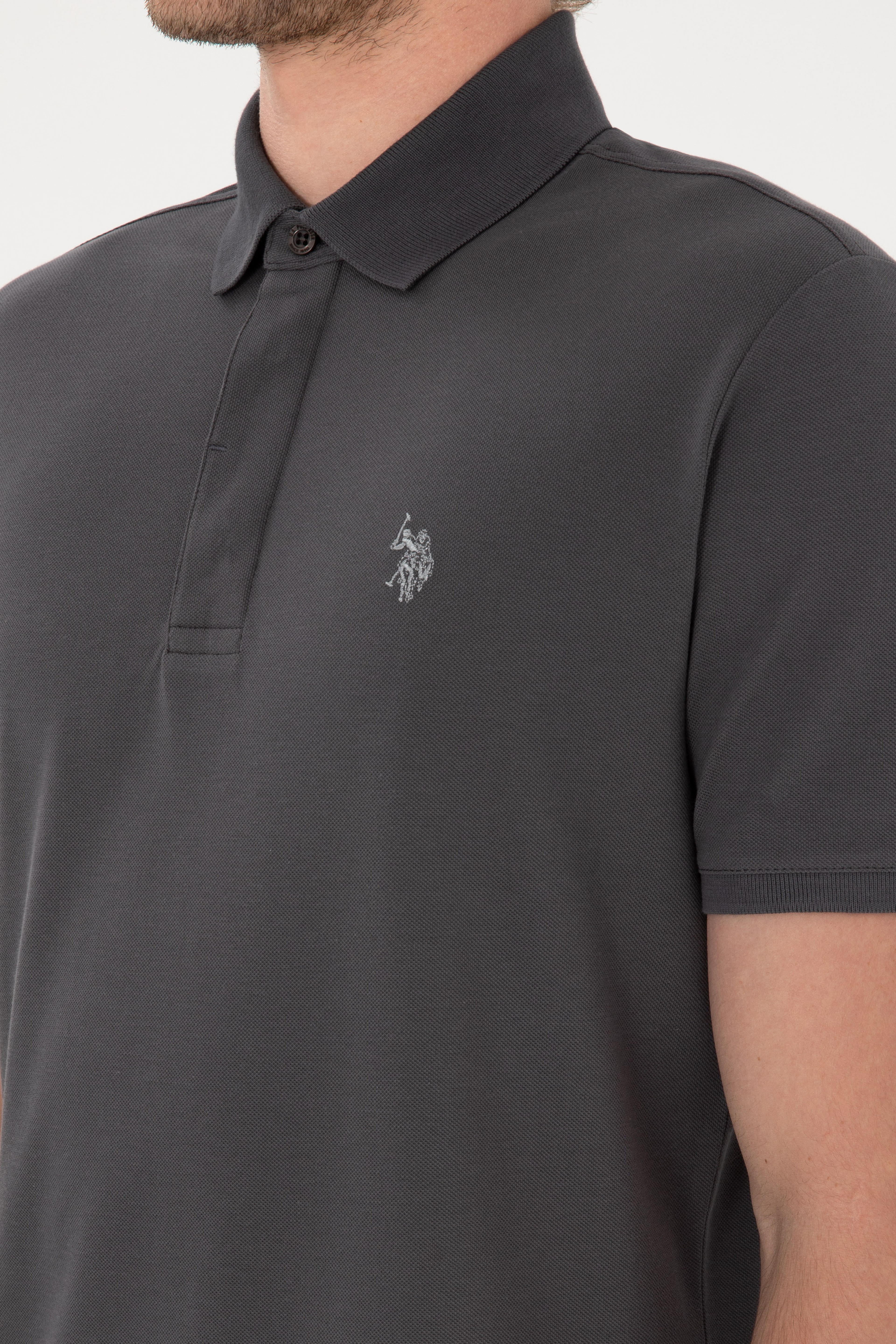 Erkek Slim Fit Polo Yaka Antrasit Basic Tişört - Image 7