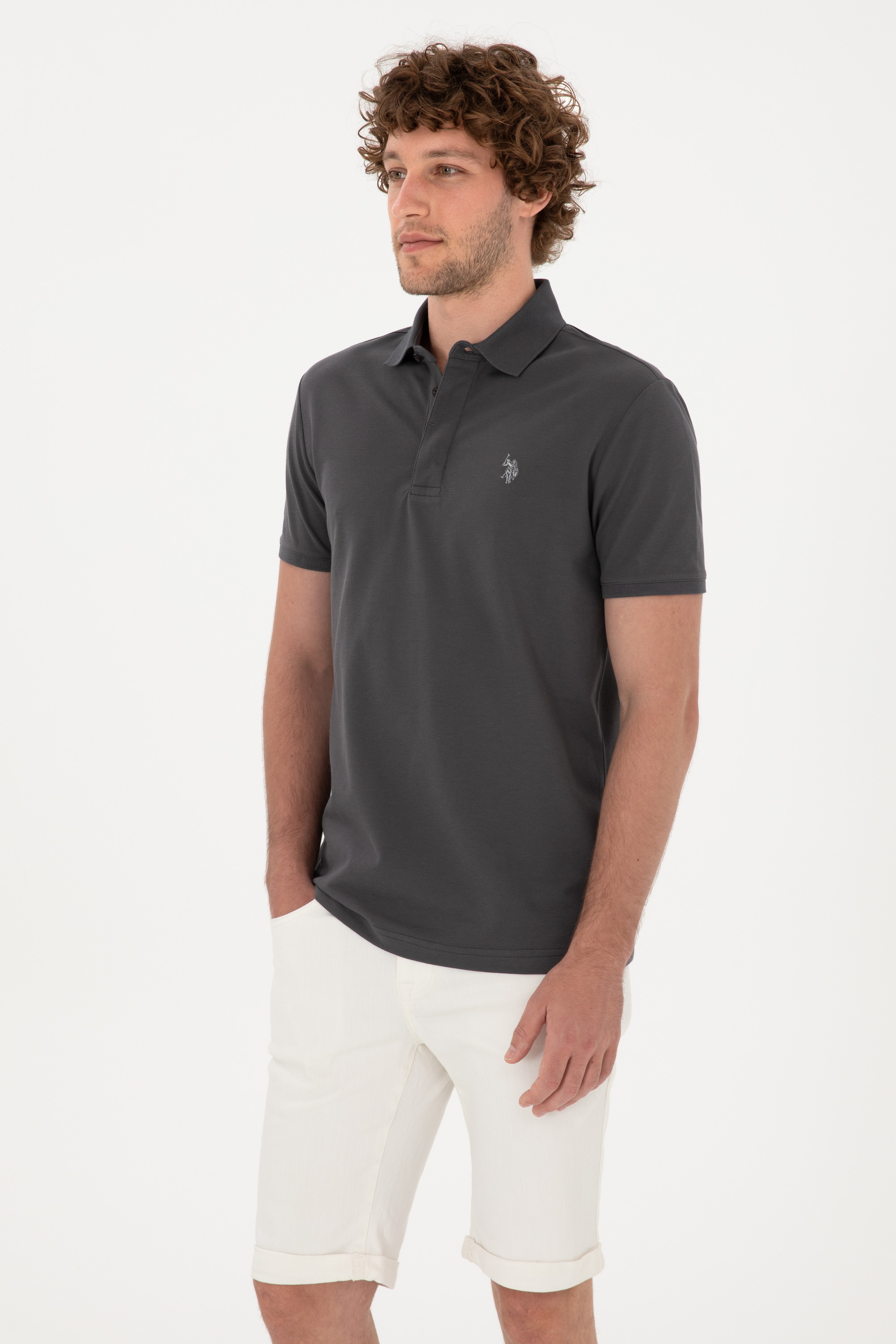 Erkek Slim Fit Polo Yaka Antrasit Basic Tişört