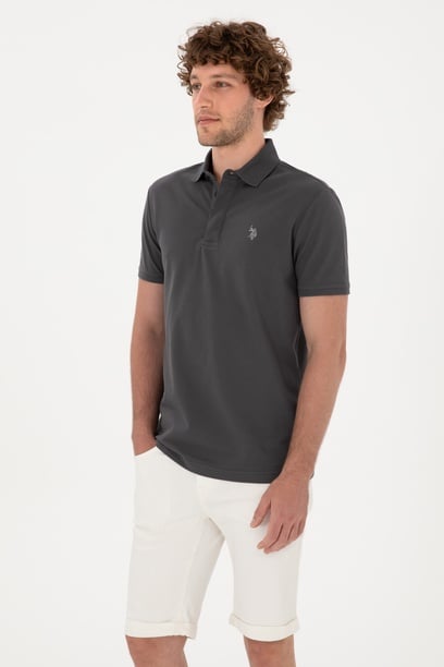Erkek Slim Fit Polo Yaka Antrasit Basic Tişört