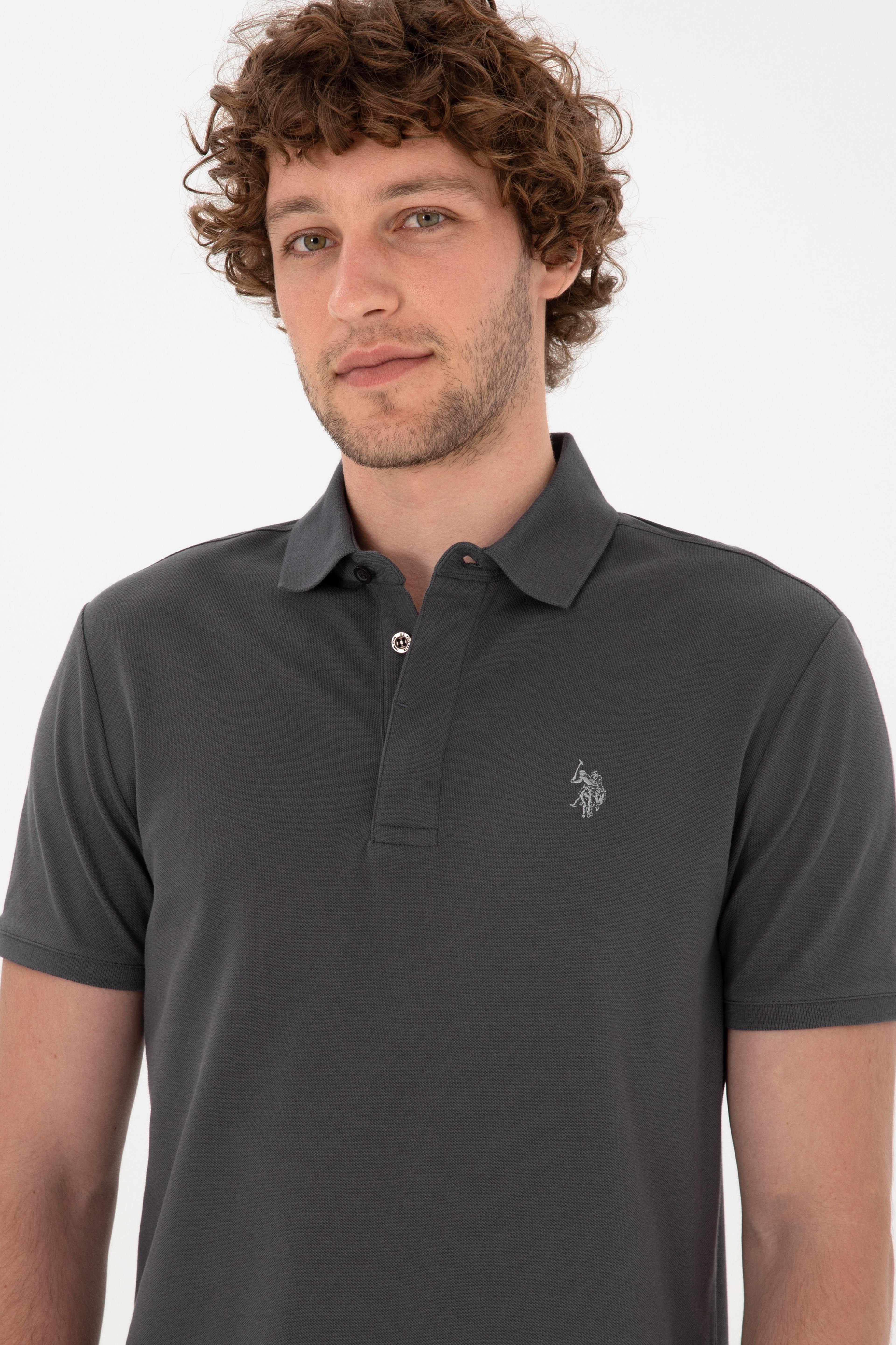 Erkek Slim Fit Polo Yaka Antrasit Basic Tişört