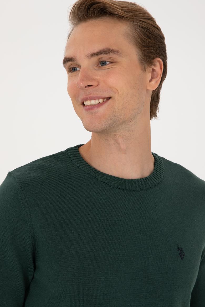 Erkek Slim Fit Bisiklet Yaka Koyu Yeşil Basic Kazak - 50313713088