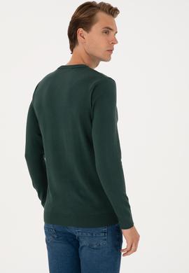 Erkek Slim Fit Bisiklet Yaka Koyu Yeşil Basic Kazak - 50313713088