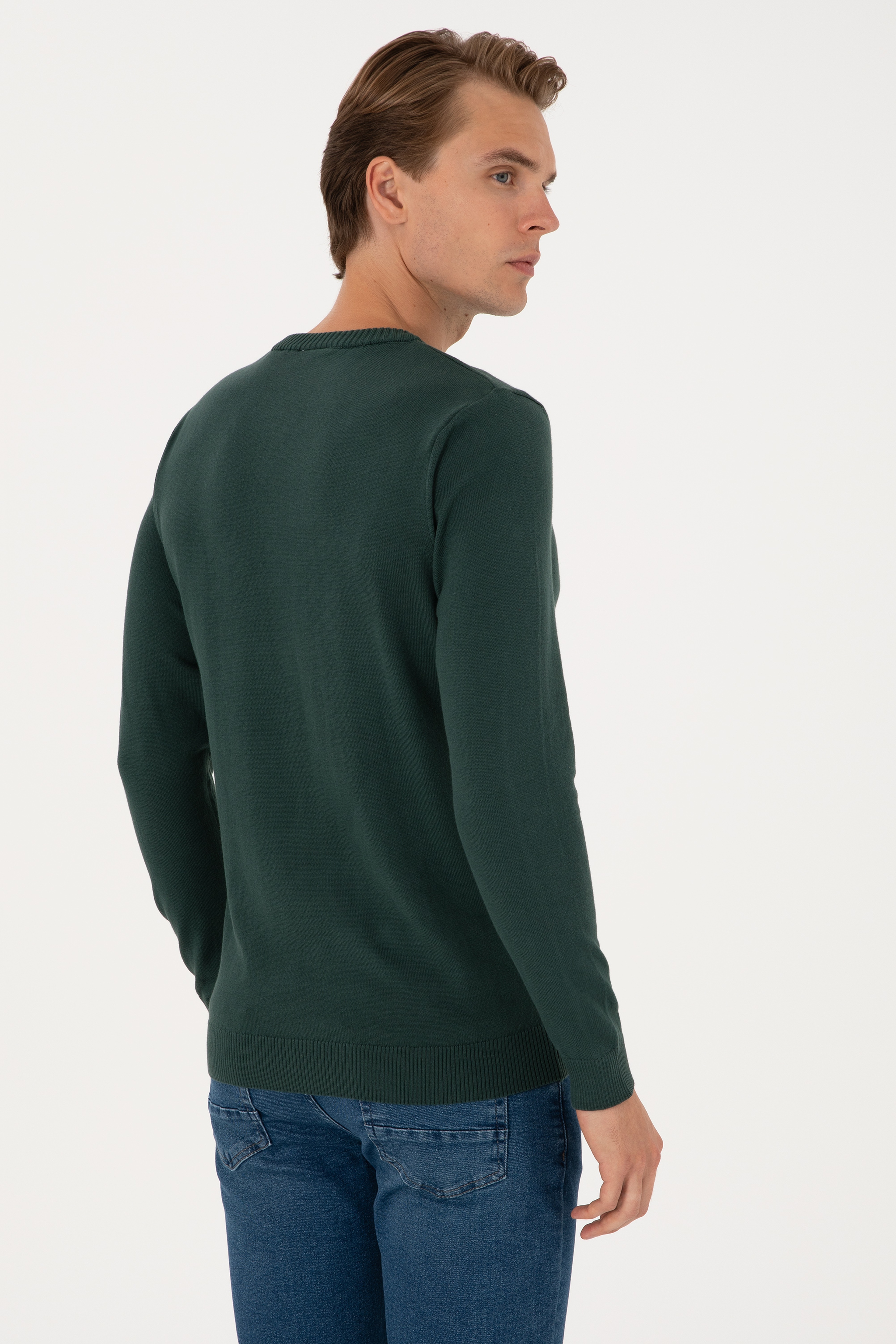 Erkek Slim Fit Bisiklet Yaka Koyu Yeşil Basic Kazak