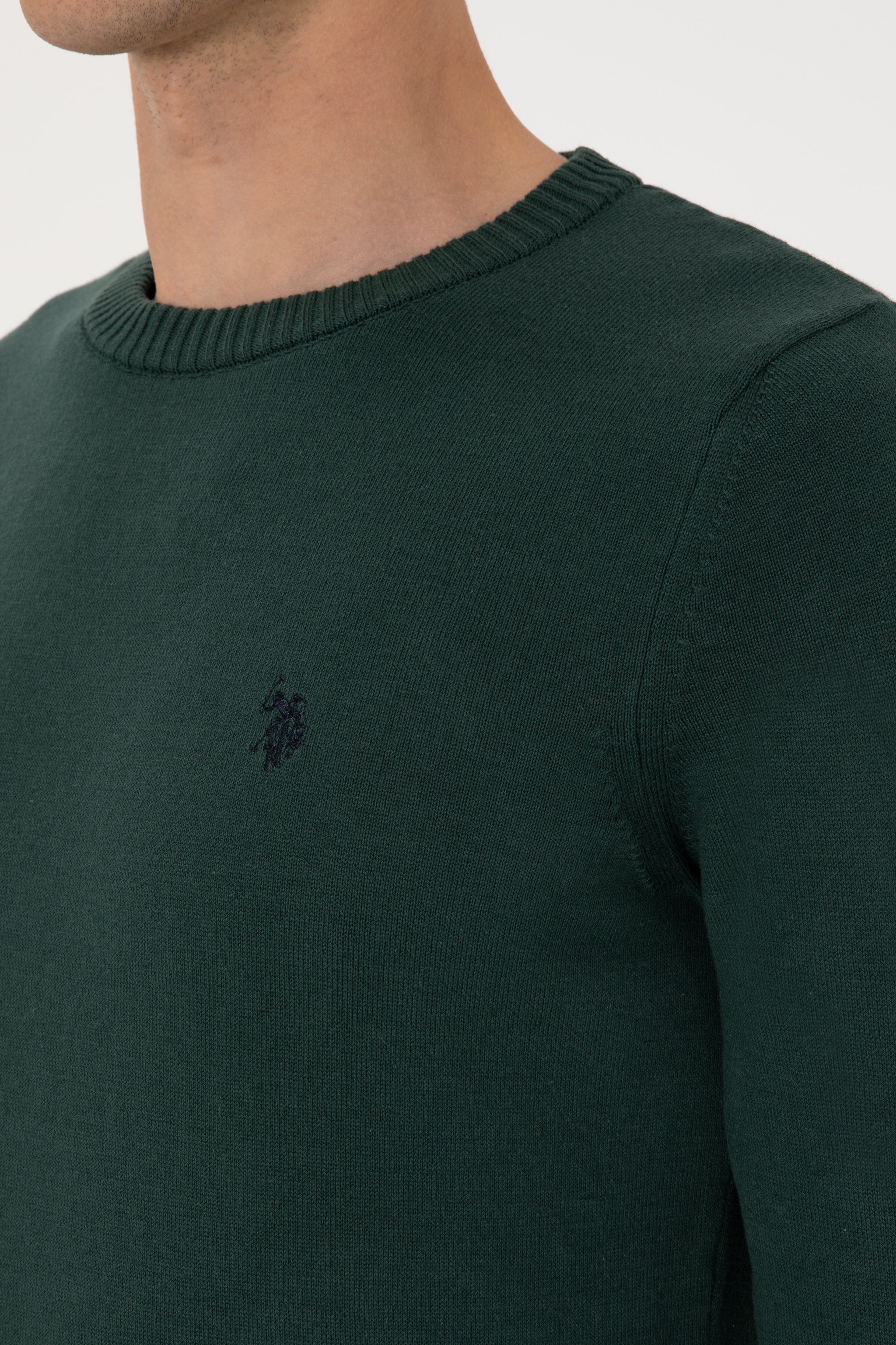 Erkek Slim Fit Bisiklet Yaka Koyu Yeşil Basic Kazak - Image 7