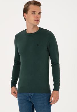 Erkek Slim Fit Bisiklet Yaka Koyu Yeşil Basic Kazak - 50313713088