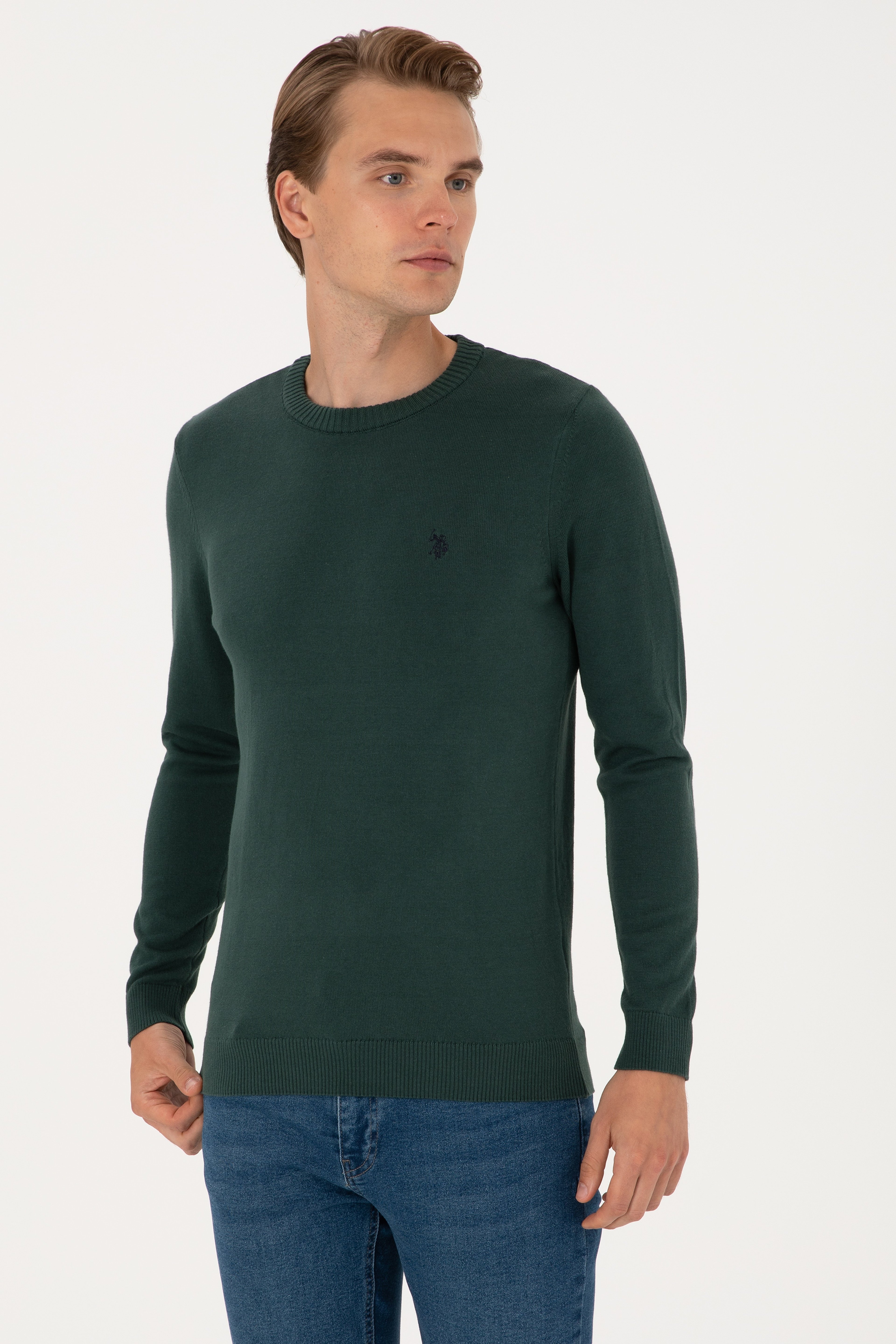 Erkek Slim Fit Bisiklet Yaka Koyu Yeşil Basic Kazak - Image 3