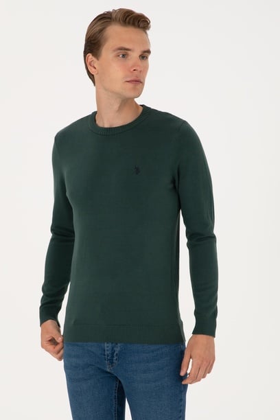 Erkek Slim Fit Bisiklet Yaka Koyu Yeşil Basic Kazak