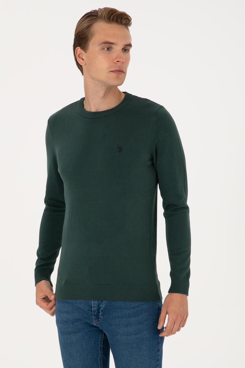Erkek Slim Fit Bisiklet Yaka Koyu Yeşil Basic Kazak - 50313713088