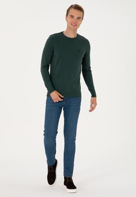 Erkek Slim Fit Bisiklet Yaka Koyu Yeşil Basic Kazak - 50313713088