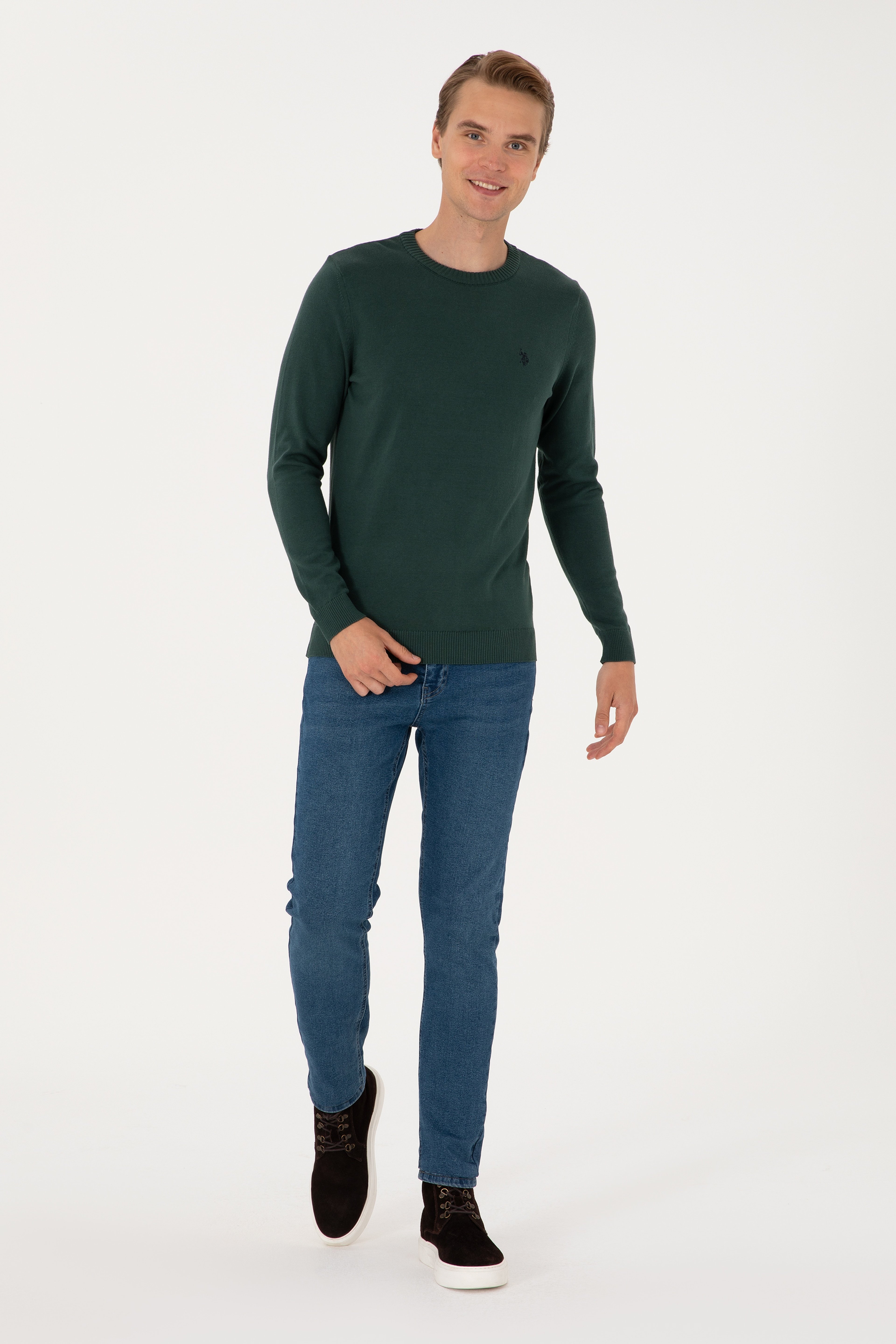 Erkek Slim Fit Bisiklet Yaka Koyu Yeşil Basic Kazak - Image 4