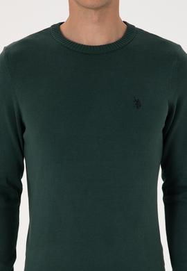 Erkek Slim Fit Bisiklet Yaka Koyu Yeşil Basic Kazak - 50313713088