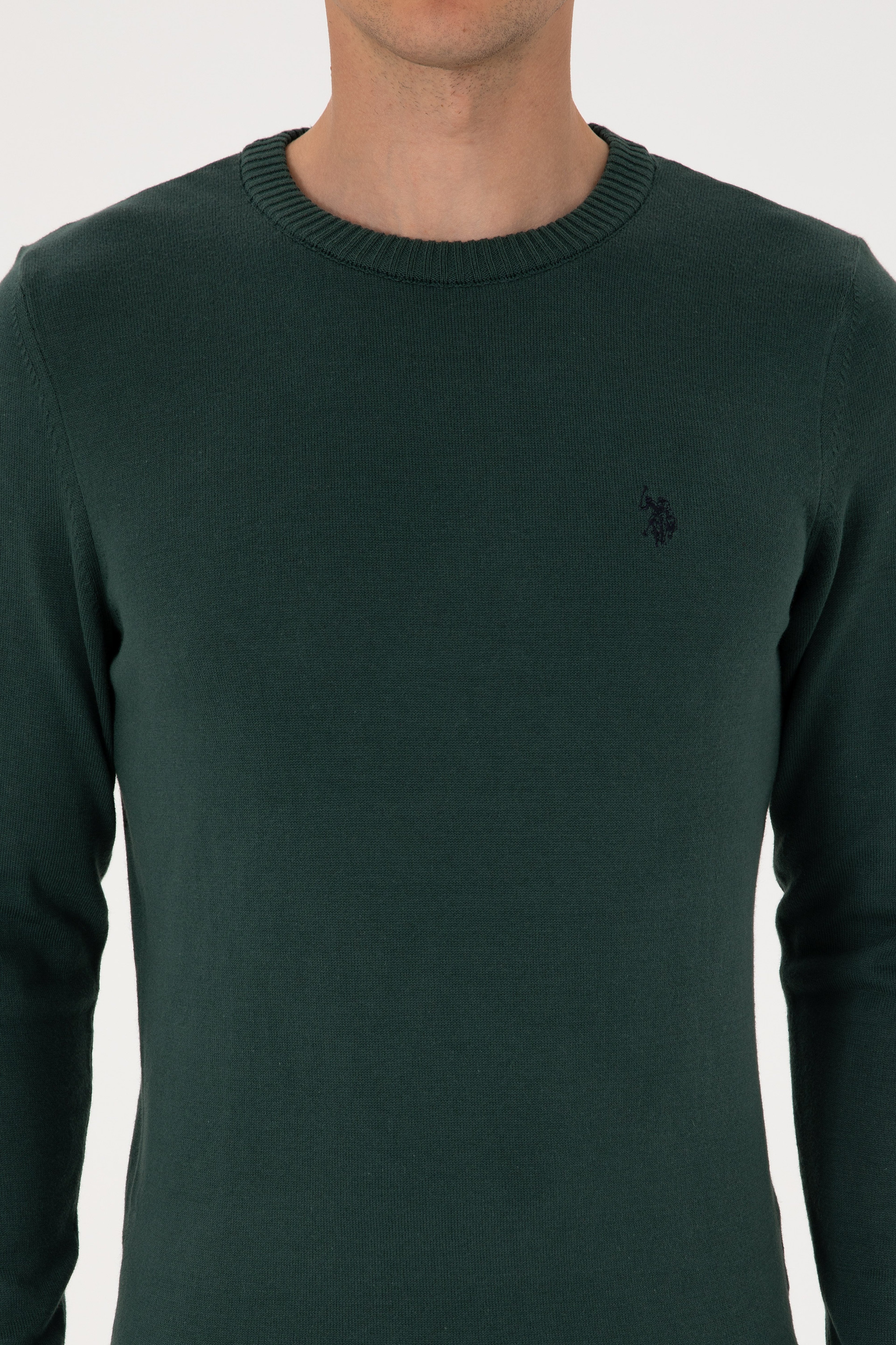 Erkek Slim Fit Bisiklet Yaka Koyu Yeşil Basic Kazak - Image 6