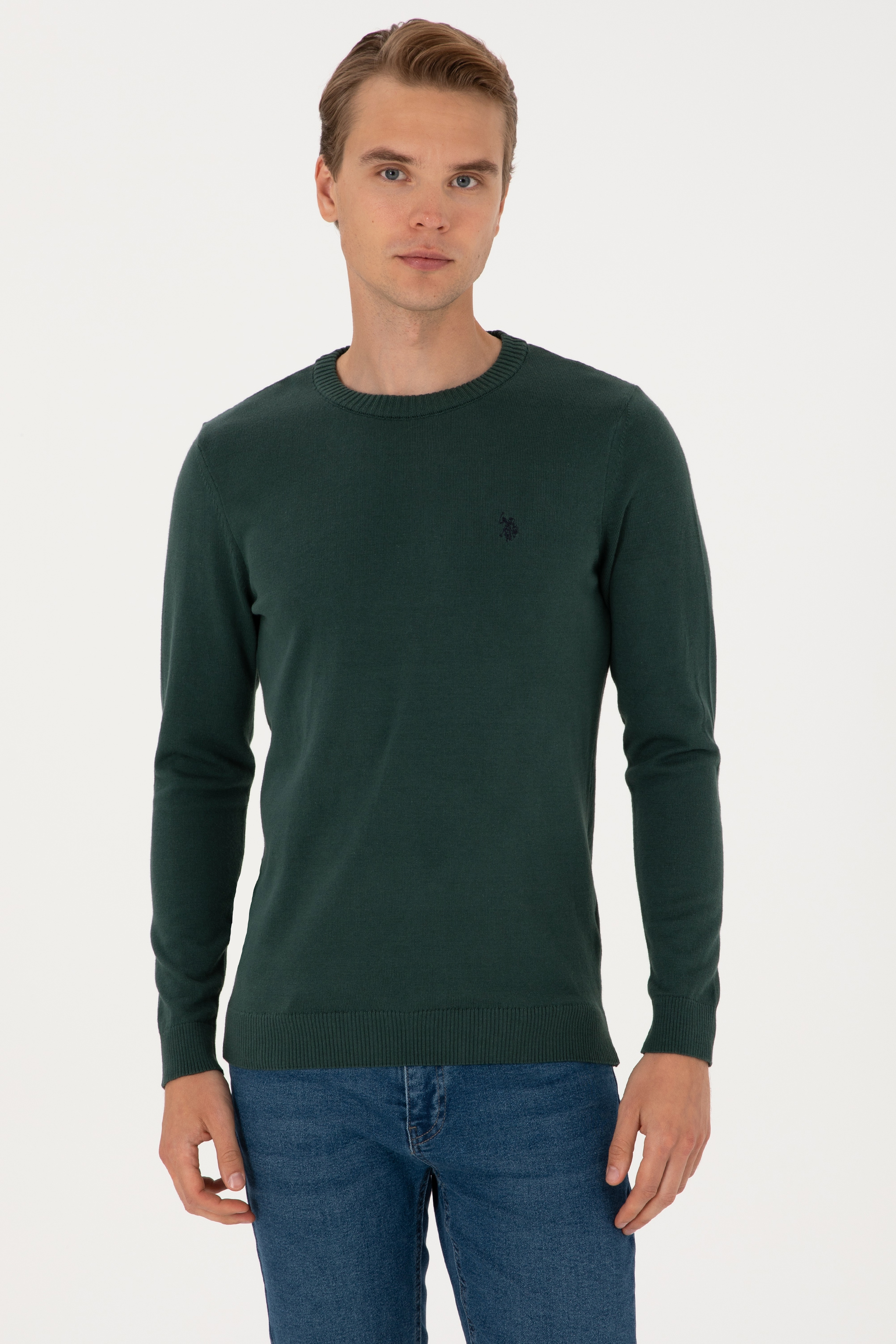 Erkek Slim Fit Bisiklet Yaka Koyu Yeşil Basic Kazak - Image 1