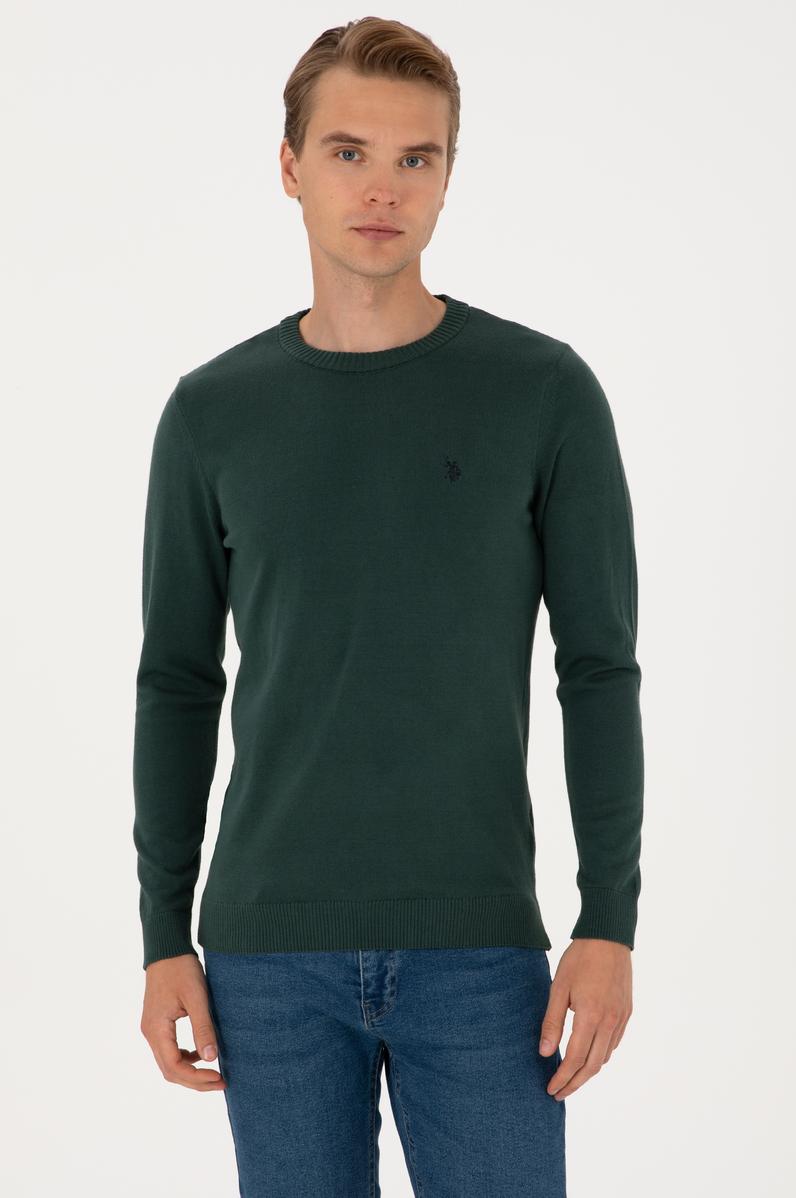 Erkek Slim Fit Bisiklet Yaka Koyu Yeşil Basic Kazak