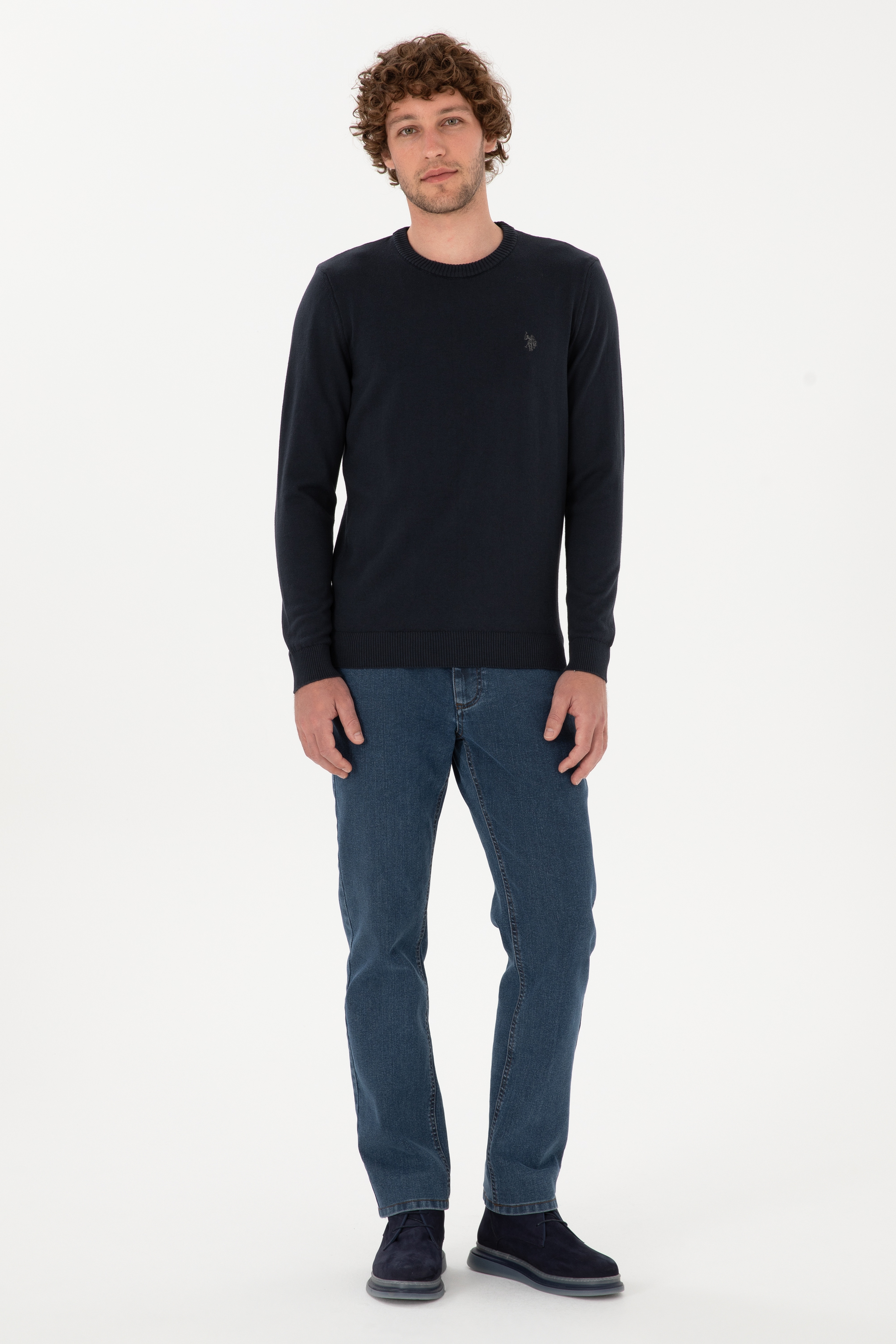 Erkek Slim Fit Bisiklet Yaka Lacivert Basic Kazak