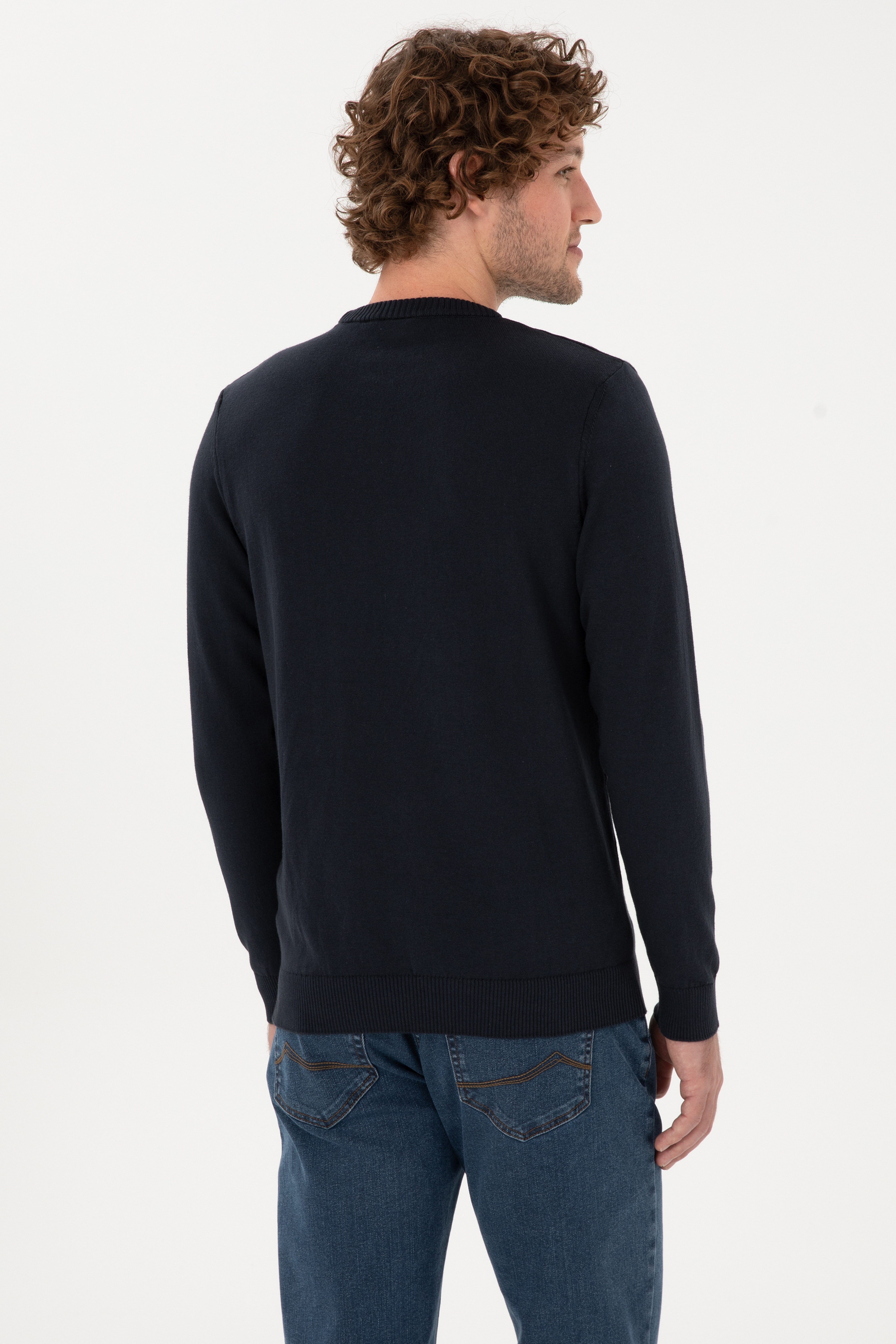 Erkek Slim Fit Bisiklet Yaka Lacivert Basic Kazak