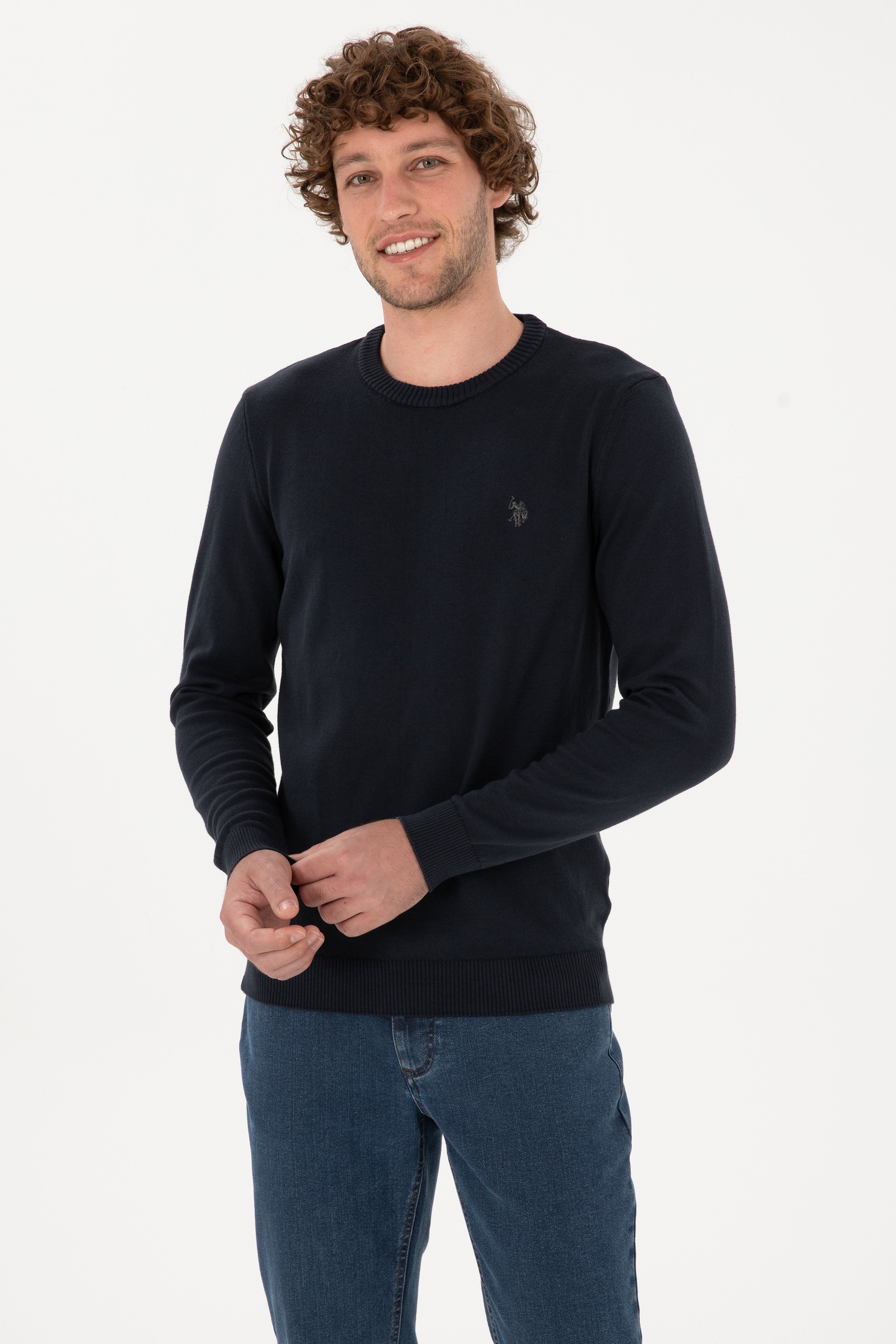 Erkek Slim Fit Bisiklet Yaka Lacivert Basic Kazak