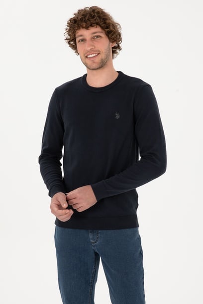 Erkek Slim Fit Bisiklet Yaka Lacivert Basic Kazak