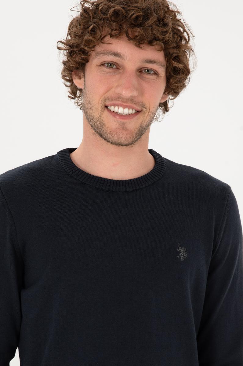 Erkek Slim Fit Bisiklet Yaka Lacivert Basic Kazak