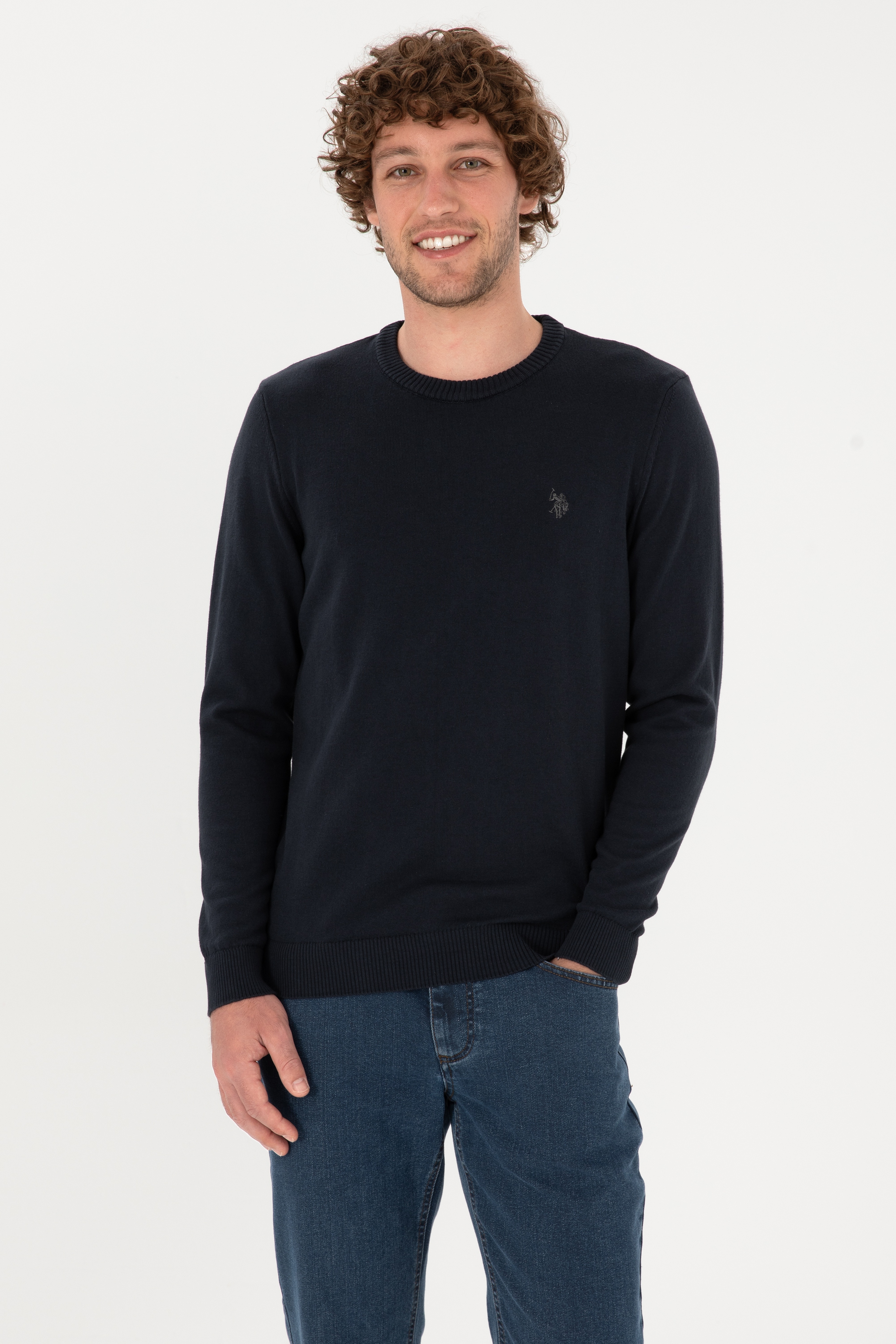 Erkek Slim Fit Bisiklet Yaka Lacivert Basic Kazak - Image 1