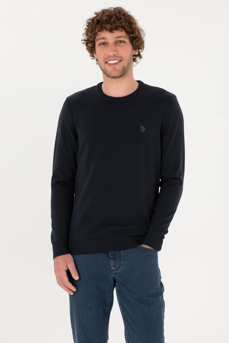 Erkek Slim Fit Bisiklet Yaka Lacivert Basic Kazak