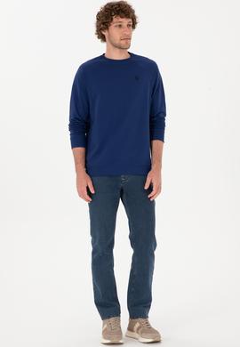 Erkek Regular Fit Bisiklet Yaka İndigo İnce Basic Sweatshirt - 50313752147