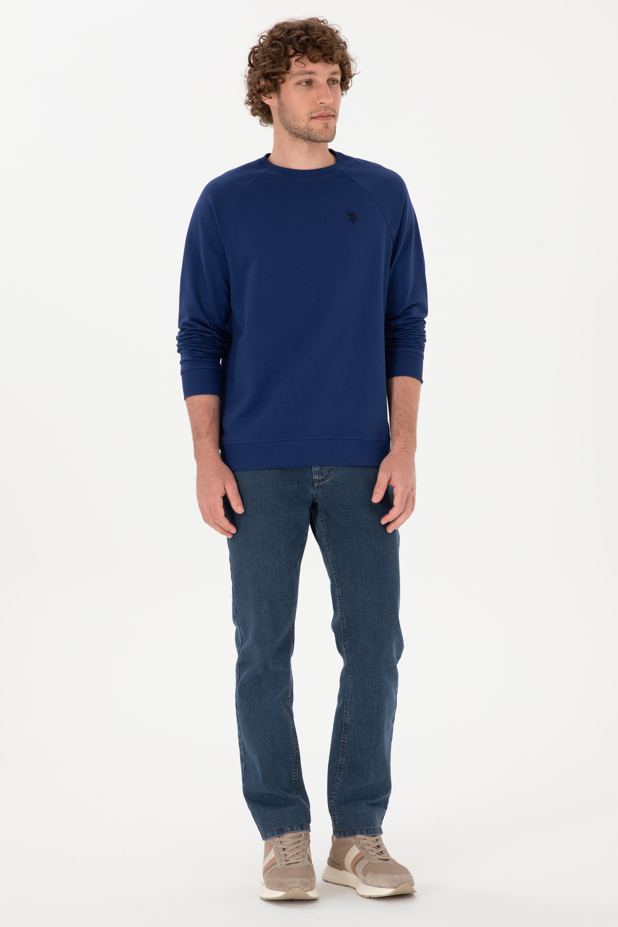 Erkek Regular Fit Bisiklet Yaka İndigo İnce Basic Sweatshirt